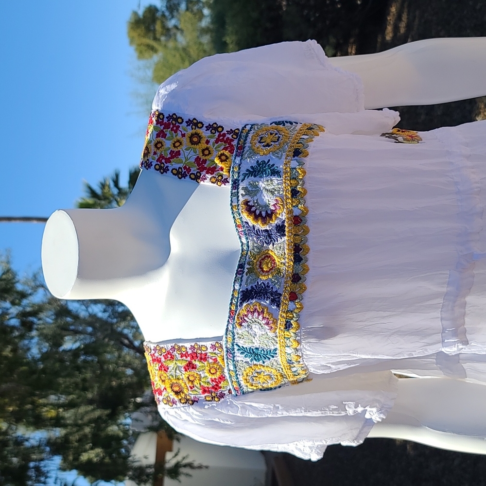 JOHNNY WAS ANTHRO White Embroidered Cotton Mini Dress M Boho Cover Up Mexico - Picture 14 of 17